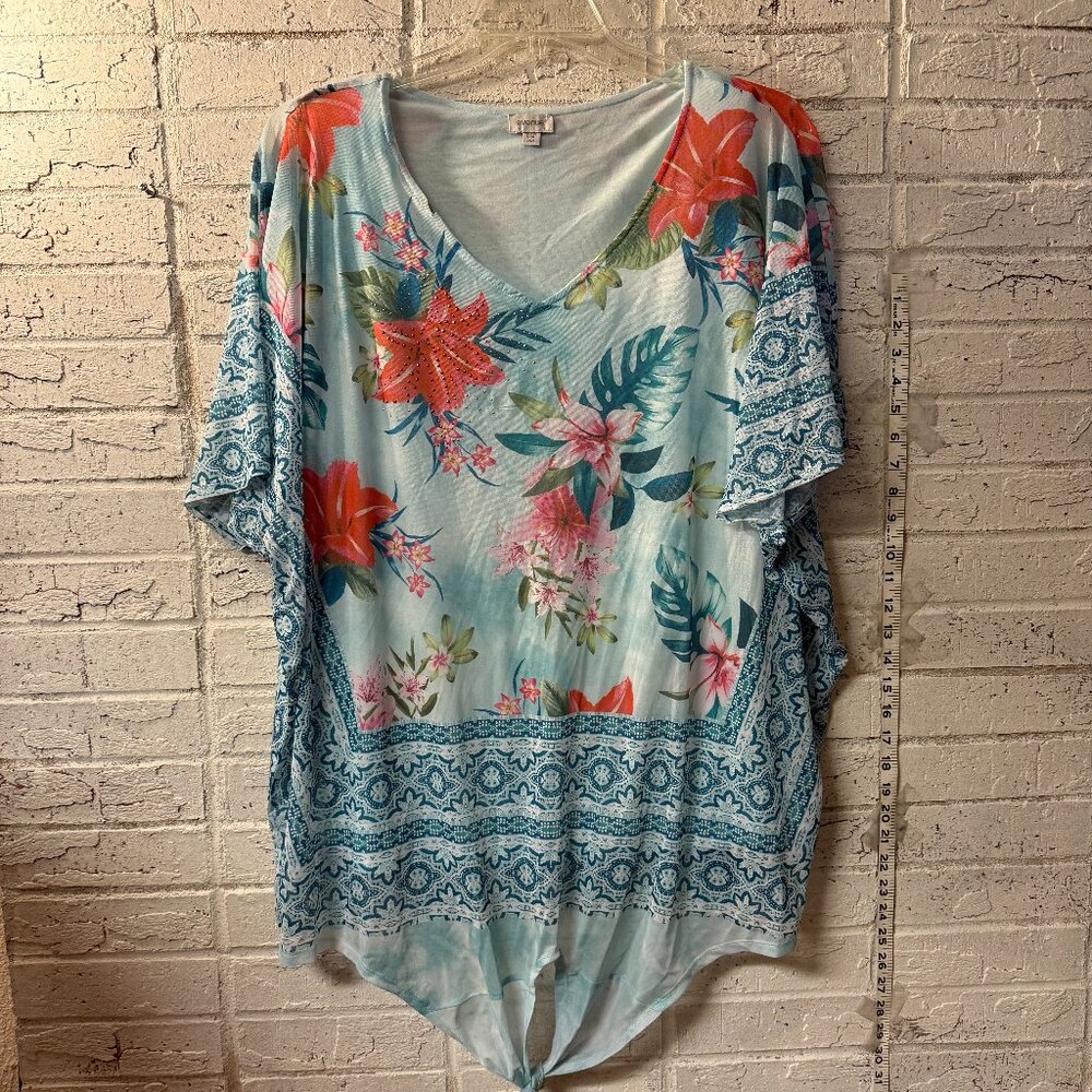 Avenue 22/24 Sheer Floral Poncho Blouse | Plus Size Boho Tunic Top with Tie Hem